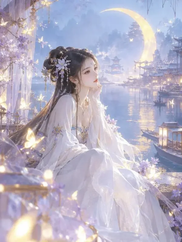 黄豆短剧《蝴蝶吻过月牙湾》封面，化蝶仙子与月牙湾的梦幻画面