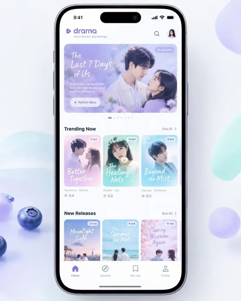 黄豆短剧APP界面预览，展示梦幻薰衣草紫主题的追剧首页