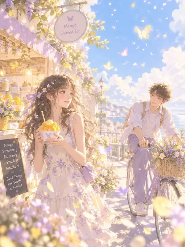 黄豆短剧《半夏微甜》封面，夏日甜品店的青春治愈甜宠插画