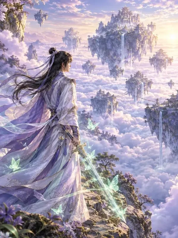 黄豆短剧《执剑赴山海》封面，仙侠少年御剑山海的恢弘画面