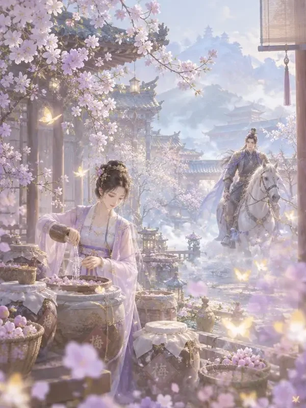 黄豆短剧《青梅煮酒待君归》封面，江南小院青梅竹马的唯美画面